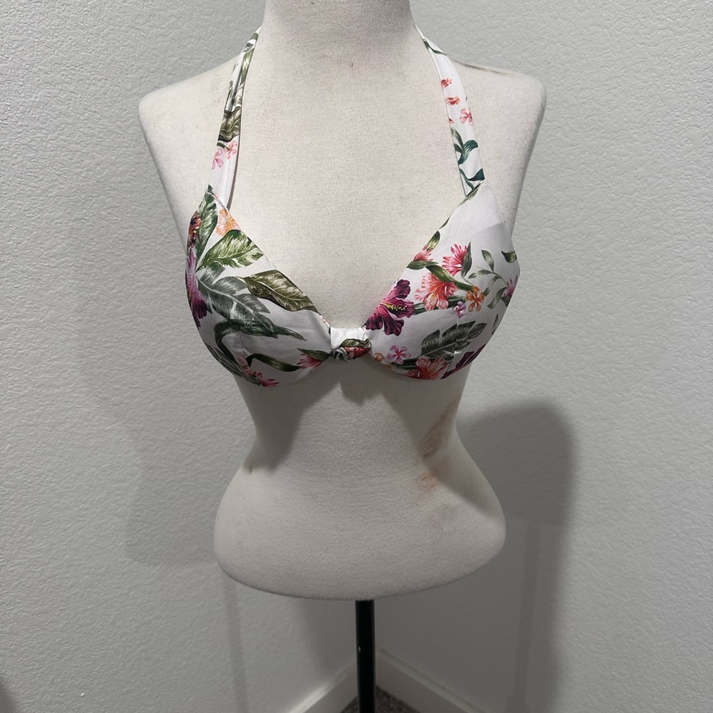 H&M White Floral Halter Bikini Top with Pink & Green Accents